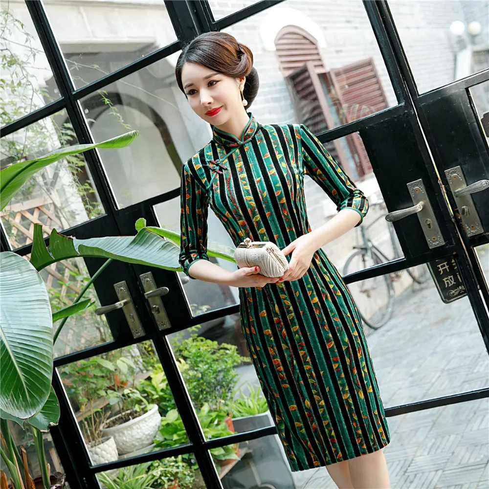 Шанхай история велюр Cheongsam по колено китайское платье Ципао традиционное платье зеленый
