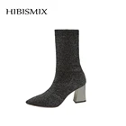 HIBISMIXженские Серебристые сапоги-носки, модные Стрейчевые вязаные женские ботильоны на высоком каблуке, женская обувь с заостренным носком, 1361
