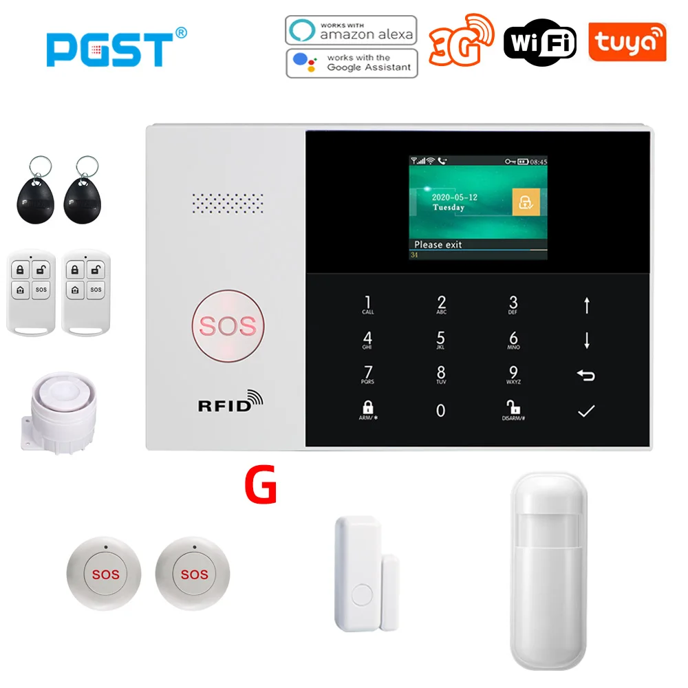 PGST PG105 Tuya 3G Alarm System Home Burglar Security Alarm Smart Home Kit with Solar Siren Camera App Remote Control