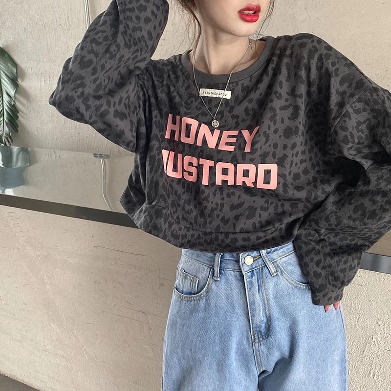 

ins harajuku printing Leopard crop top new autumn loose o-neck Long sleeve pullovers Korean casual Sweatshirts Women Hipster