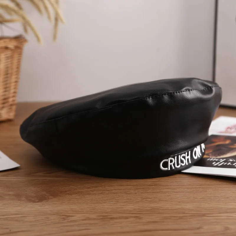 

for seasons autumn Hat pu leather letter Berets French Artist Beret Women Painter hat Vintage Girls Female Warm Walking Cap