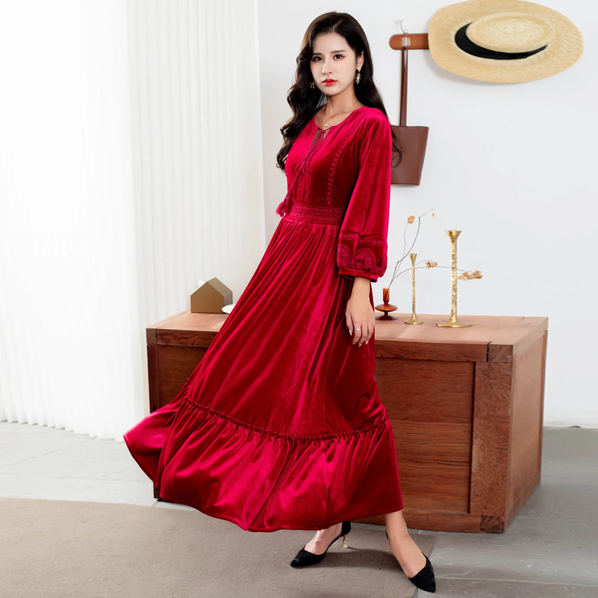 

Jastie Autumn Elegant Women's Dress Chest Bow Lace-Up Long Sleeve High Waist Ruffle Loose Hem Midi-Dress Vintage Embroidery Robe