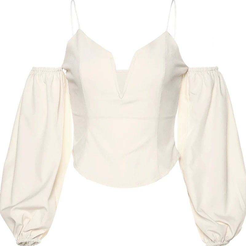 

XUXI Women Spring Autumn 2021 Sexy T-shirt Lantern Sleeve Suspender Halter Neckline Slim-fit Thin T Shirt E575