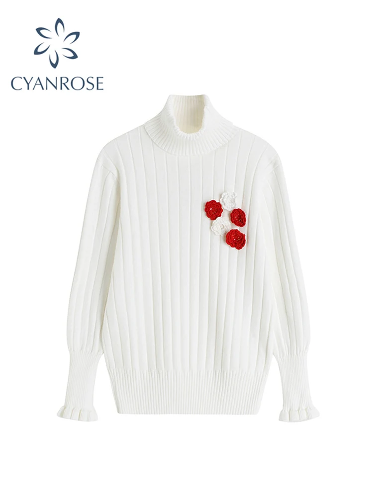 

Cashmere Sweater For Women Loose Casual Warm Thicken Turtleneck Knitted Pullovers Female Autumn Elegant Soft Retro Floral Jumper