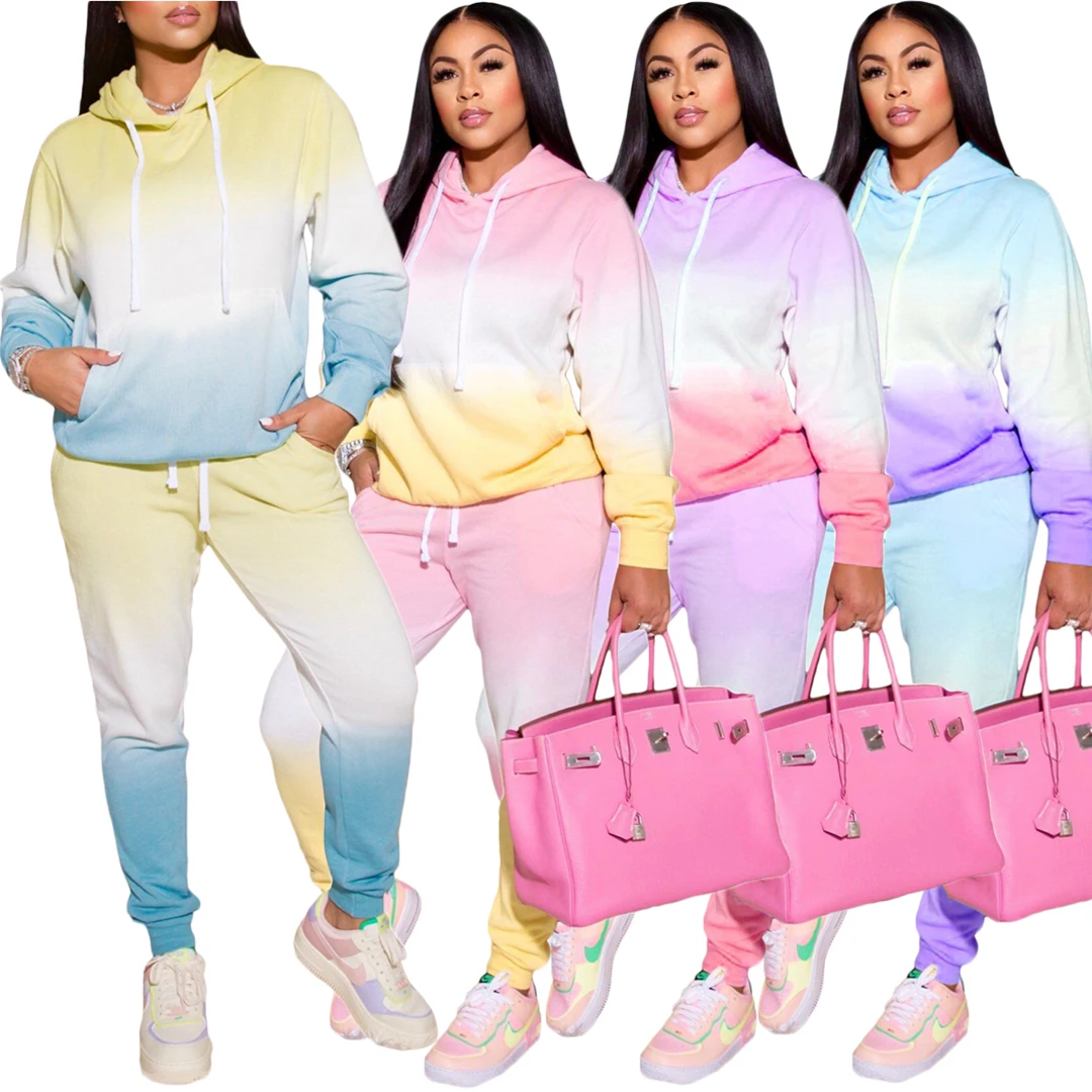 Hooded Gradient Tracksuit 2 Pieces Sportwear Sets with Pockets Women Long Sleeve Hoodie Sweatshirt and Drawsting Sweatpants 2021 |