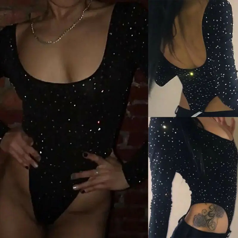 Женский облегающий боди со стразами клубный комбинезон с блестящими блузка