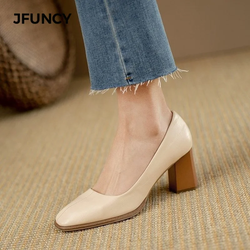 

JFUNCY Women's Shoes Vintage Square Toe Beige Black High Heels Woman Thick Heel Pumps Fashion Party Temperament Women Shoe