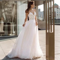 boho wedding dresses sexy 2022 women strap point tulle vestidos de noivas lace appliques pleat high end bridal bride gowns