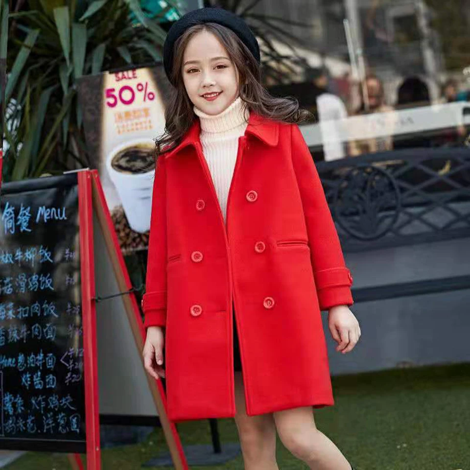 Baby Girls Red Wool Jackets Coats 2020 Autumn Winter Outwear Kids Girls Clothes Children Long Sleeve Coat Size For 120-160 Cm