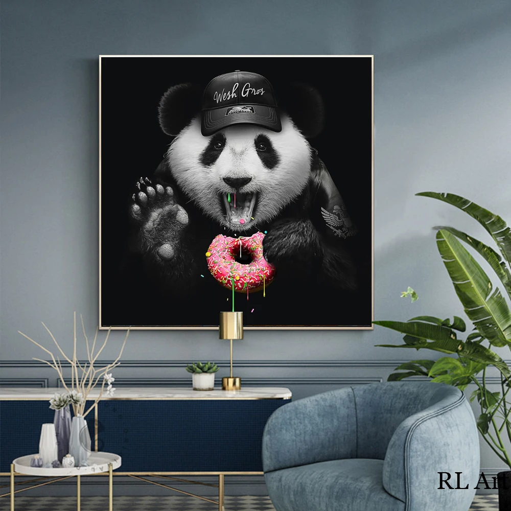 

Griffiti Art Canvas Modern Painting Animal Posters and Prints Wall Panda Wearing Black Hat Eating Donut Picture for Room Decor