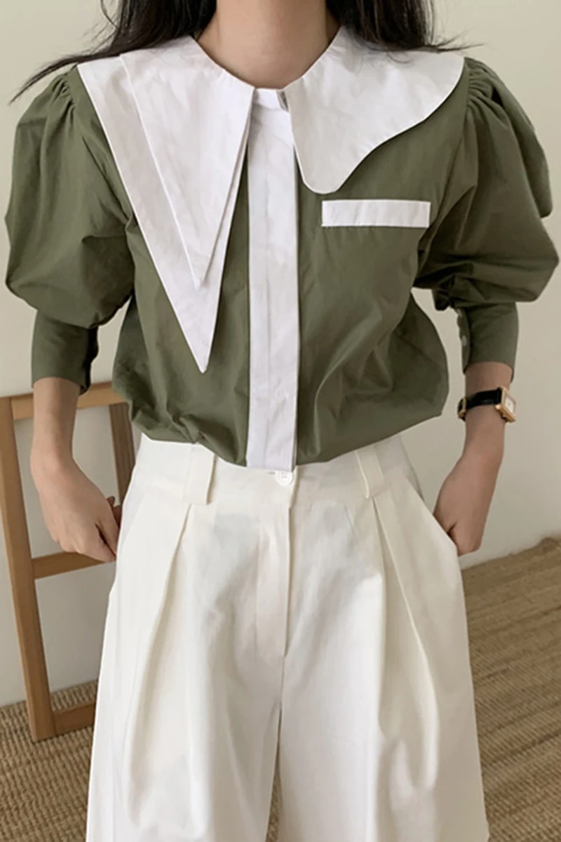 

Korean New Fashion Design Asymmetric Turn Down Collar Contrasting Color Single-Breasted Loose Puff Sleeve Women Blouses V392