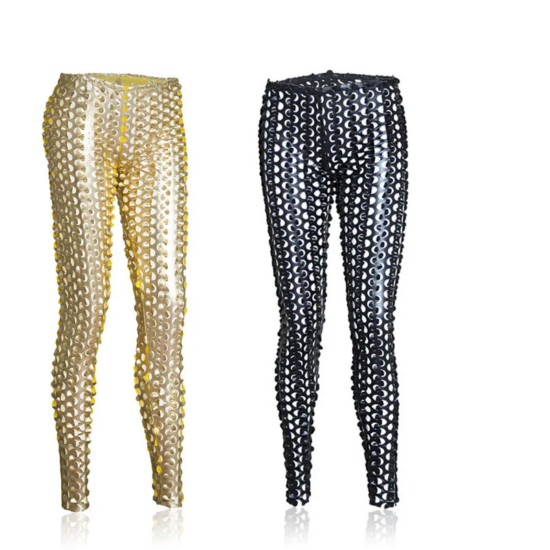 

Nightclub Shiny Golden Leather Hole Elastic Performance Bondage Hip Butts Women Pants Fetish SM Salve Role Play Erotic Clubwear