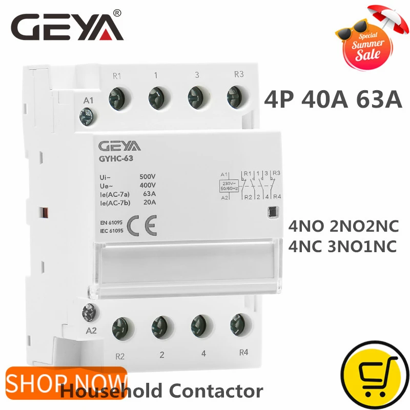 

GEYA Din Rail AC Contactor 4P 40A 63A 4NO 4NC 2NO2NC 3NO1NC House Use or For Charging Pile Contactor Good Quality