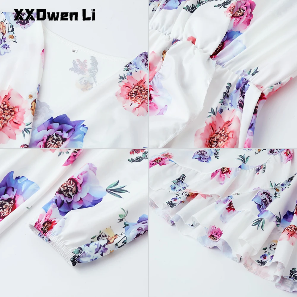 

Autumn Floral Print Belt Mini Dress Woman V Neck Long Sleeve Dresses For Women 2021 Elegant Ruffles Casual Ladies Party Dresses