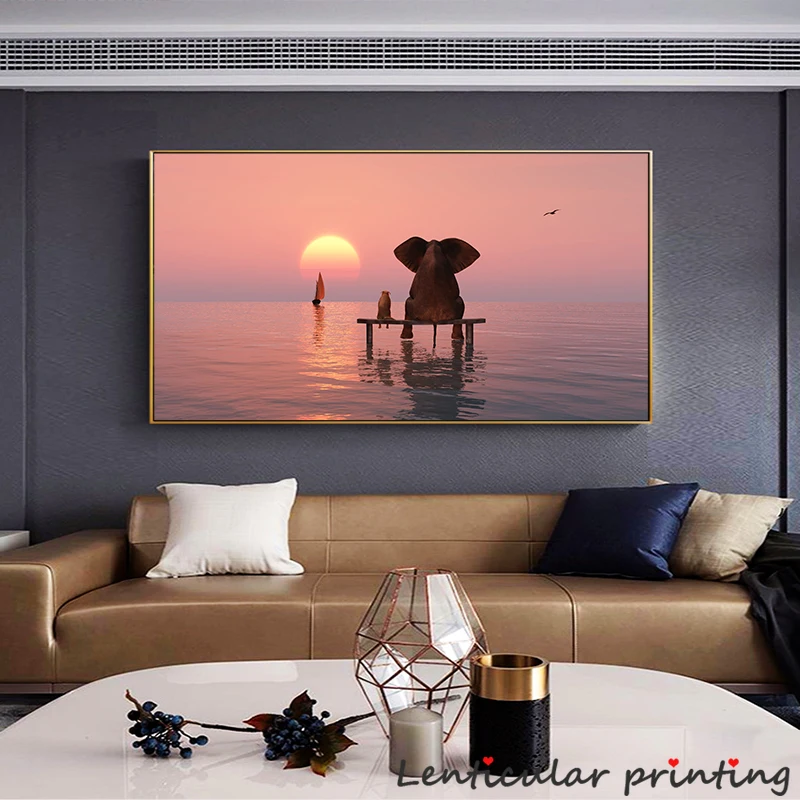 

HD Animal Poster Elephant Oil Painting Canvas Sunset Decoracion Para Sala Nature Landscape Nordic Wall Paintings