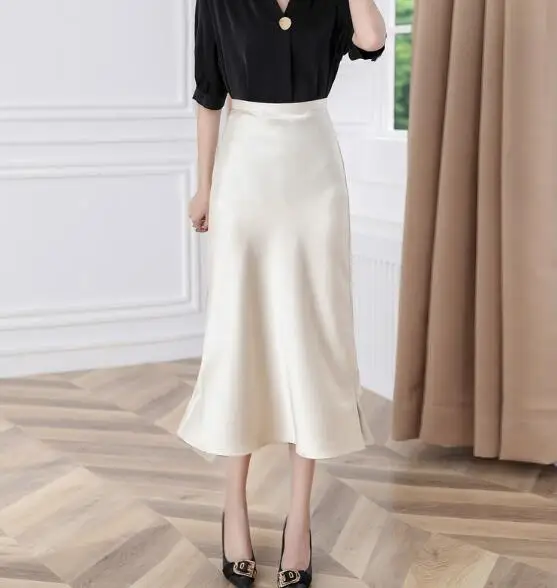 

Cultiseed Women Solid Color Satin Skirts Female Fashion High Waist Elegant Office Work Party Skirts Ladies New Silky Skirts
