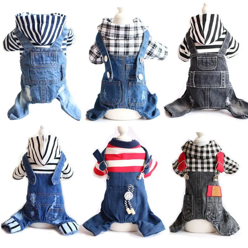 Fashion Stripe Denim Dog Jumpsuit Puppy Cat Jeans Overalls Four Legs Tracksuit Clothes for Dogs Yorkies Chihuahua Cowboy Coat