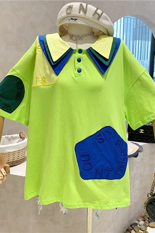 

2021 Summer Retro Polo Collar Casual Top Women's Fashion Loose Contrast Color Versatile Shirt Female Shirts for Teenage Girls