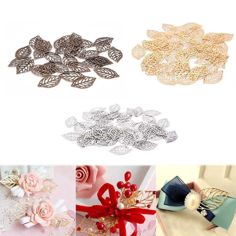 

50pcs for Hair Comb Gold Charm Filigree Hollow Leaves Pendant Jewelry Making Craft Plated DIY Vintage Jewelry Accessories
