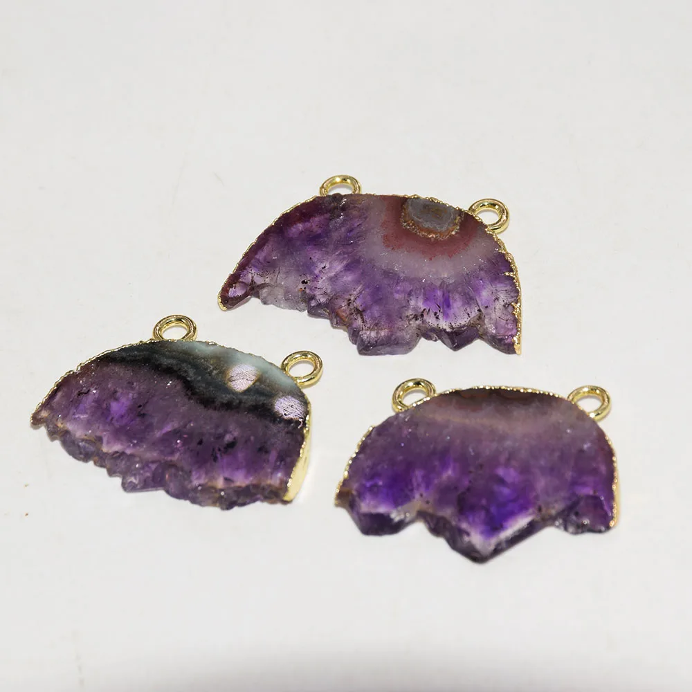 

Geode Druzy Natural Slice purple crystal stone connector 2021 big gold plating necklace jewelry making Quartz slab Semicircle