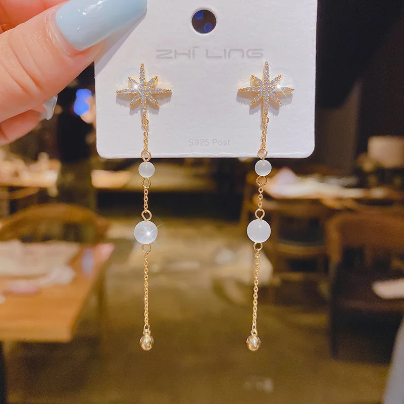 

Корейские висячие серьги с кисточками и звездами для женщин и девушек, висячие серьги с кристаллами и опалами, винтажные золотые модные укр...