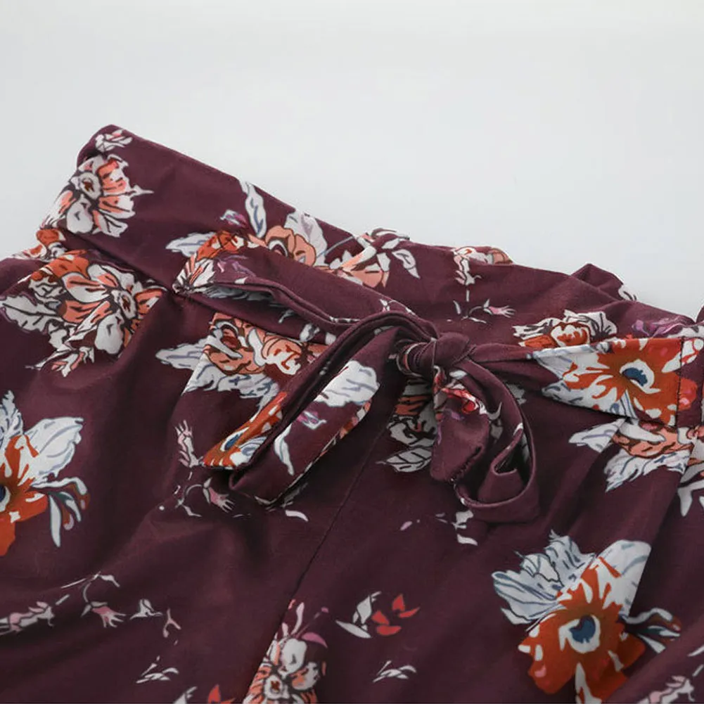 

Pop Summer Women Pants Floral Printed High Waist Bandage Girl Casual Trousers Pop 88