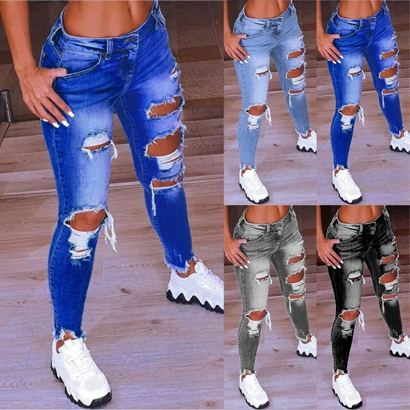 

Laamei Denim Jeans For Women Ripped Hole Stretch Jean Ladies Plus Size 5XL Full Length Pencil Pants Trousers Skinny Denim Jeans