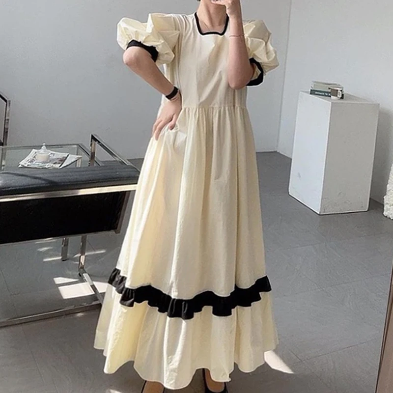 

Women's Korean-Style Square Collar Contrast Color High Waist Loose Bubble Dress