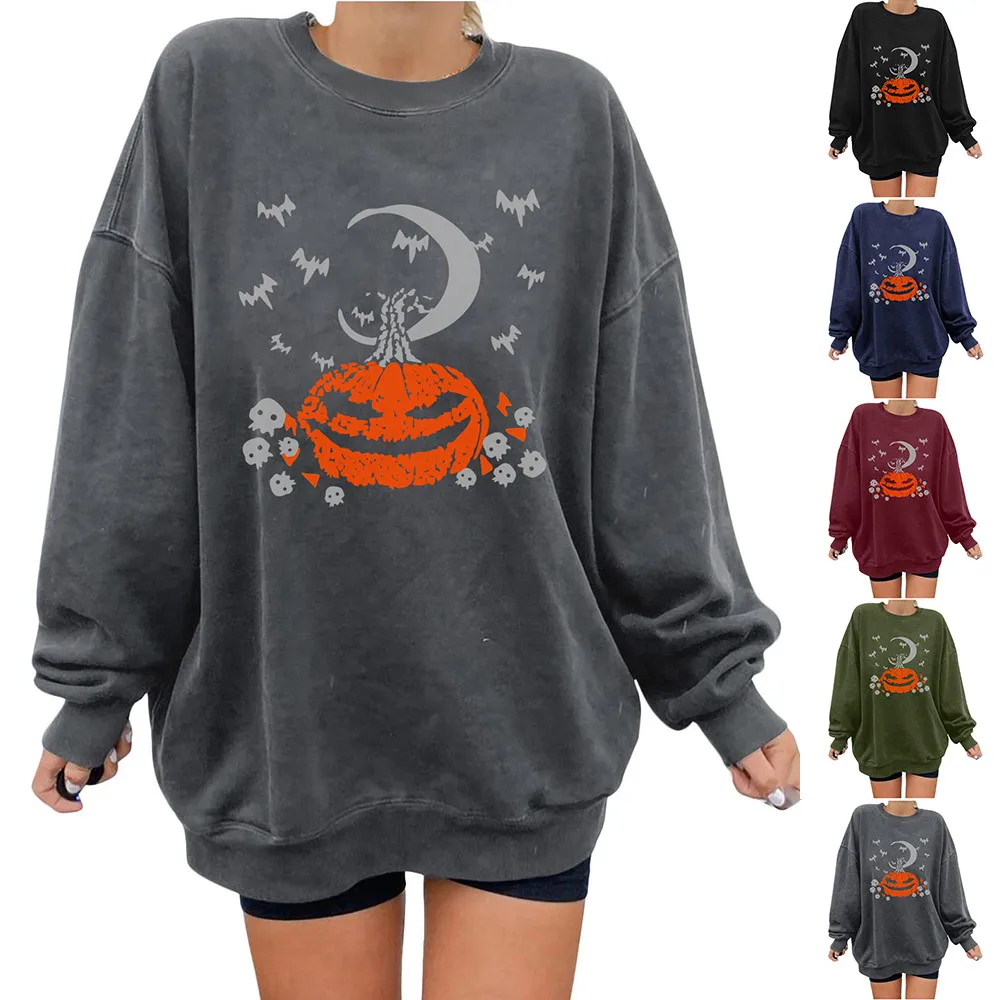 

Женский пуловер с круглым вырезом и принтом на Хэллоуин, длинный рукав, мешковатый тонкий пуловер, топы, рубашка, пуловер, Толстовка на Хэлло...