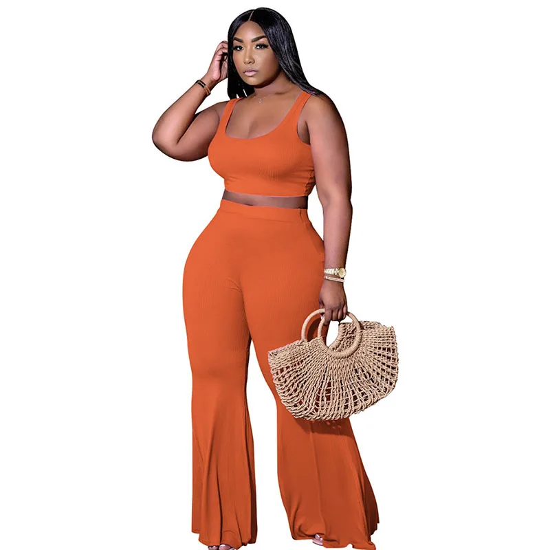 

Plus Size Knit Rib Two Piece Set Women 2021 Summer Clothes Sporty Tank Crop Top and Flare Pants Bell-bottom Casual Tracksuit