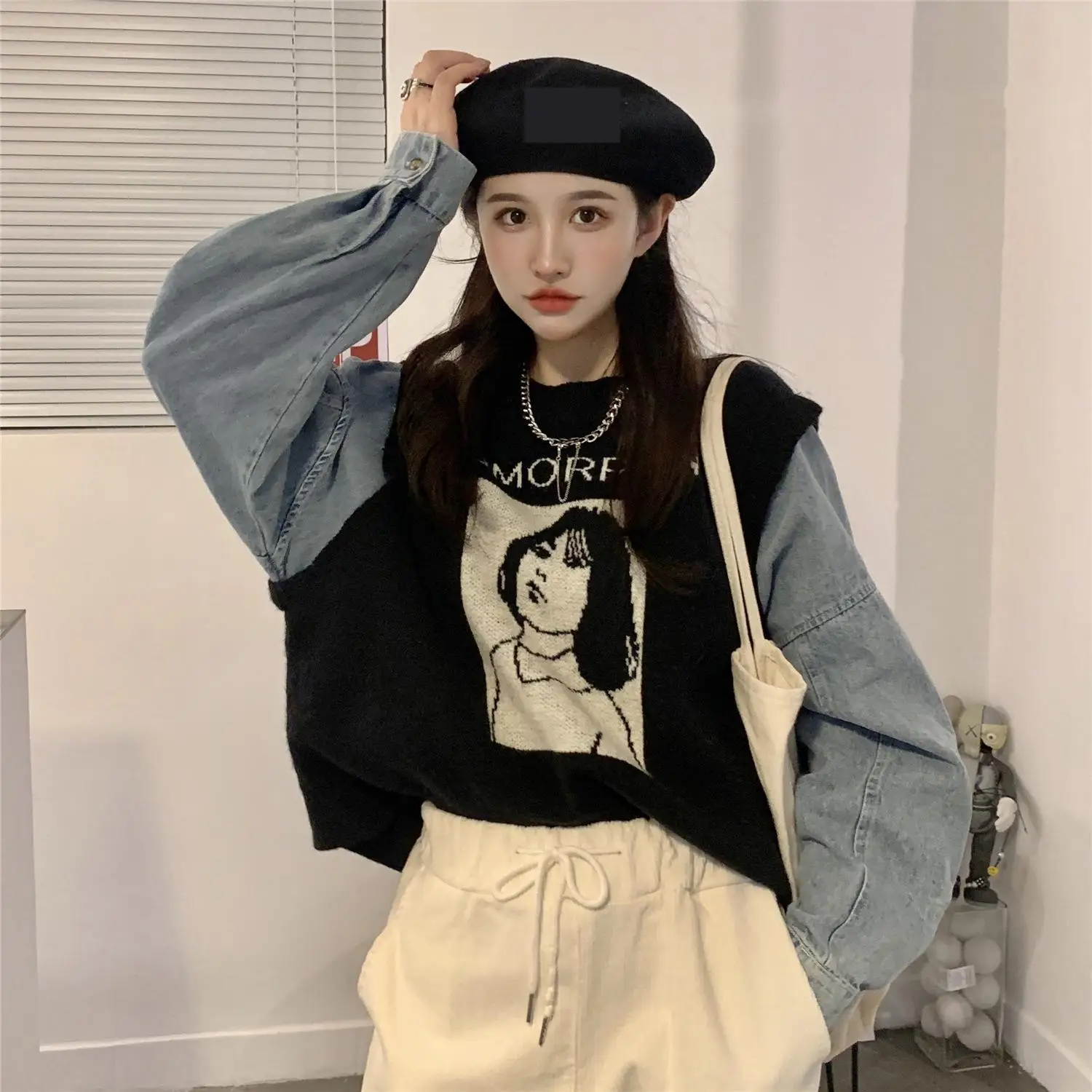 

Модные женские толстовки на осень и зиму, вязаный джинсовый пуловер с длинным рукавом, Свободный джемпер с круглым вырезом, теплые женские т...