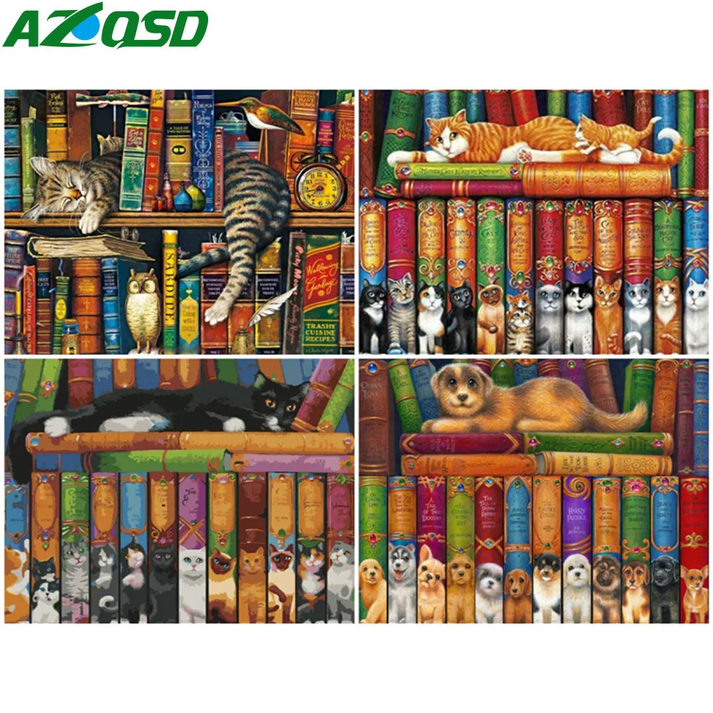 

AZQSD живопись маслом по номерам животное, ручная роспись, Современная Настенная картина по номерам, книга с кошкой, украшение комнаты ручной ...