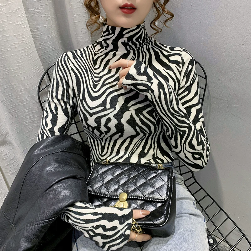 

New Elegant Women Autumn Winter zebra print high-neck bottoming t shirt slim long-sleeved top liner t-shirt