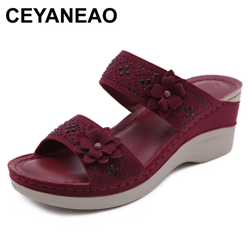 

CEYANEAO 2020 summer new massage large size flower retro slope with comfortable wild sandals and slippers