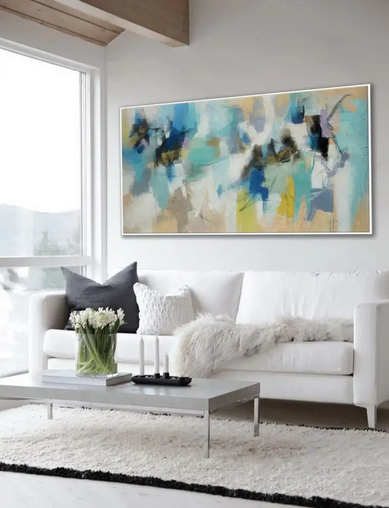 

Brush Strokes Oil Painting on Canvas Art Soft Color Modern Contemporary Artwork Large Horizontal Panoramic Abstract Wall Art