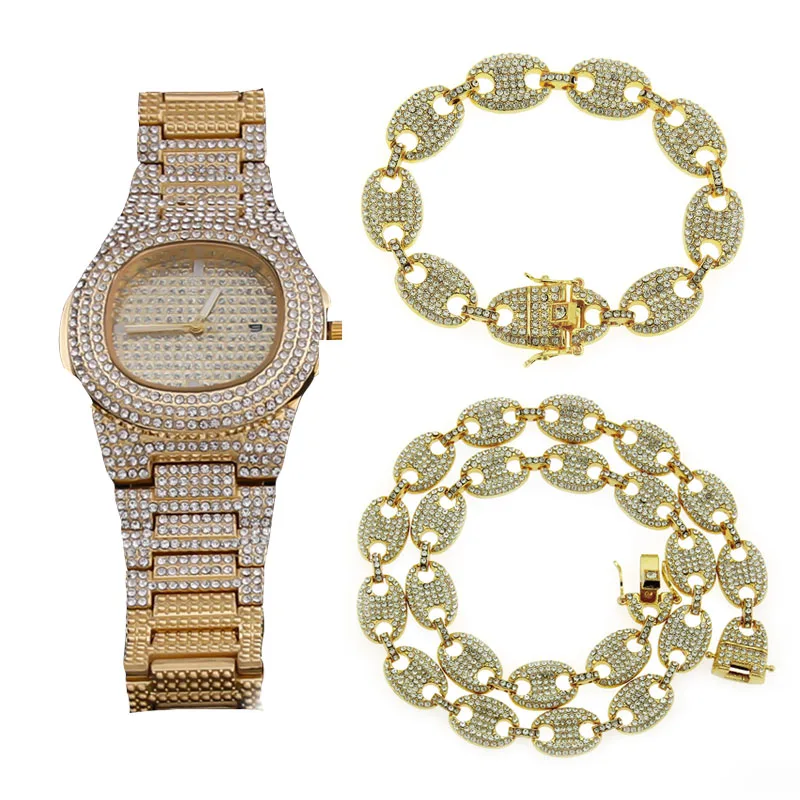 Ожерелье + часы браслет в стиле хип хоп комплект из 3 предметов кубинская цепь