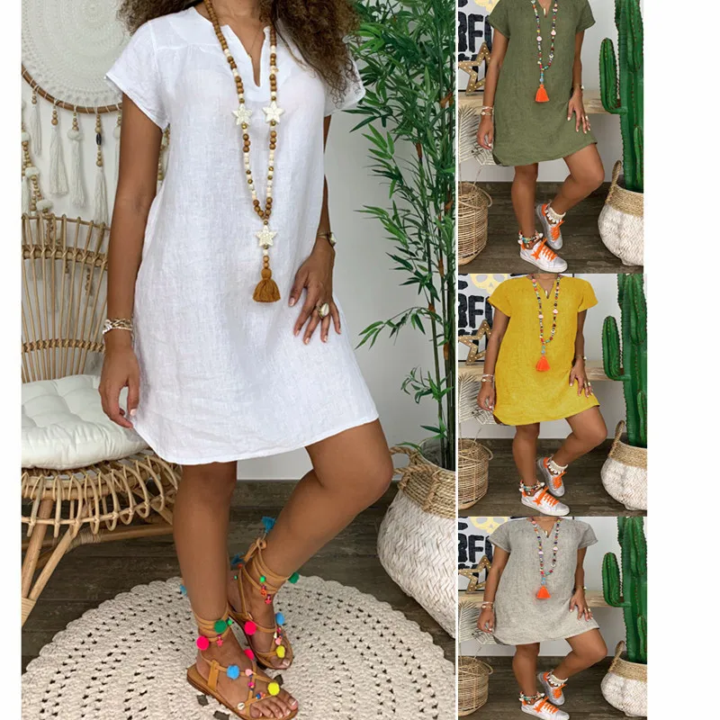 

Women's Summer Sundresses Plus Size Dress Short Sleeve V-Neck Loose Casual Robe Multicolor Straight Skirt Outdoor Beach Dress
