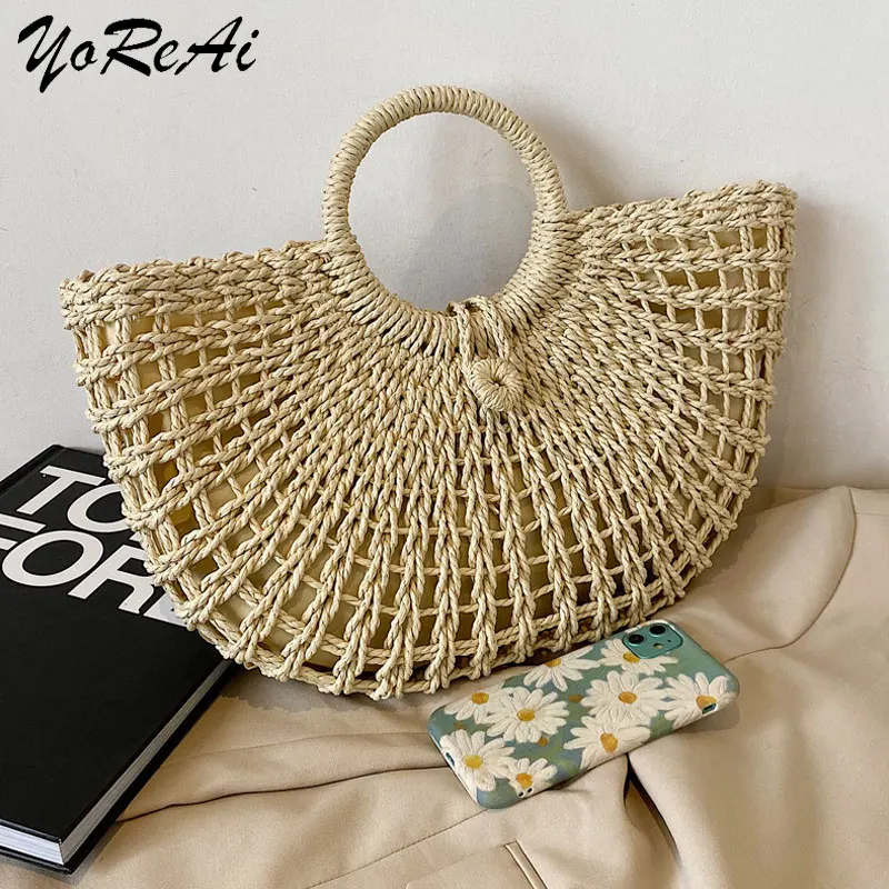 

YoReAi Popular Straw Bag Women Hand-Woven Handbag Moon Shape Rattan Pack Big Capacity Drawstring Casual Beach Luxury Handbags
