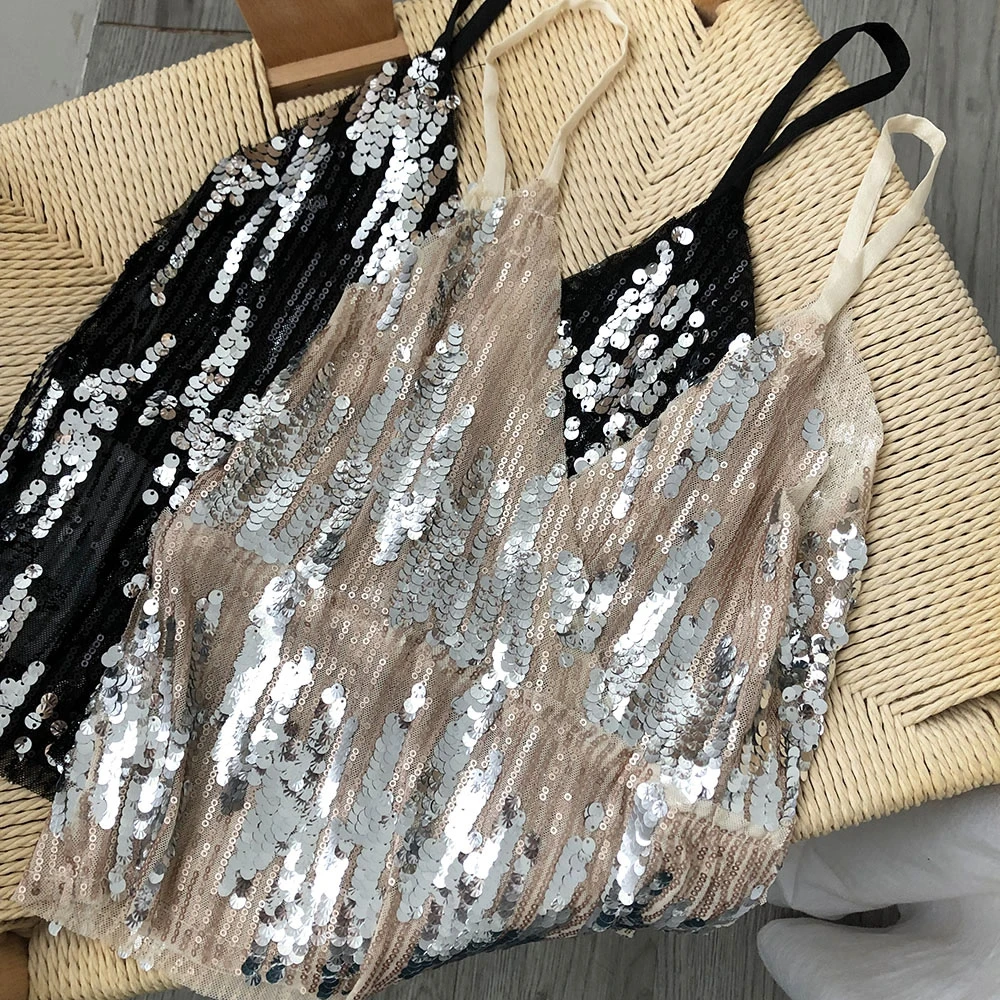 

Zuolunouba 2020 Summer Hot Sale Heavy Craft Trend Sequins Ladies Short Suspenders Bouncing V-neck Wearing Sexy women Vest