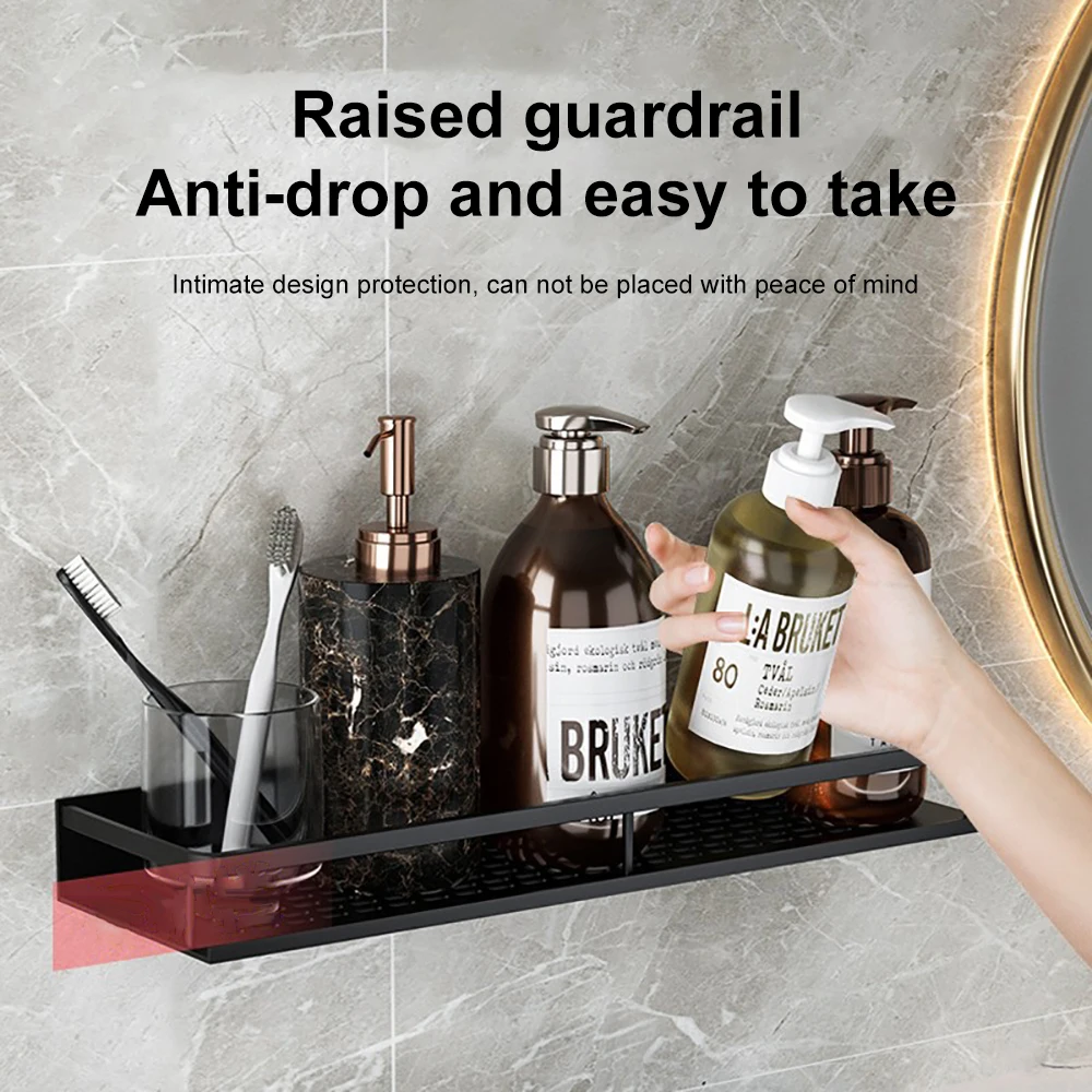 30 50cm black bathroom wall shelf without drilling rustproof aluminum storage rack for kitchen shower bathroom organizer free global shipping