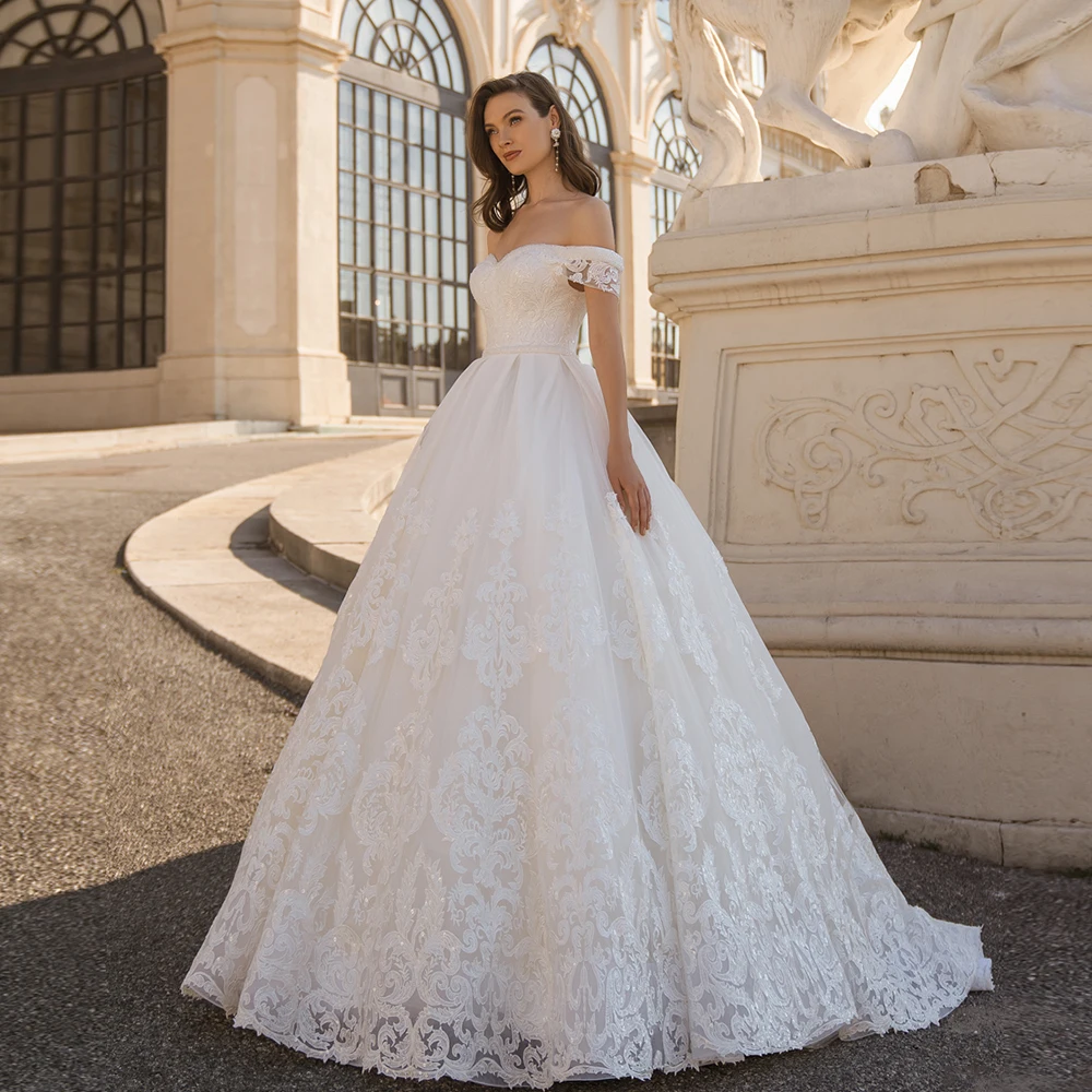 

Elegant Princess Wedding Dress For Bride Off Shoulder Lace Sequin Formal Bridal Ball Gown Corset Sweep Train Long White Vestidos