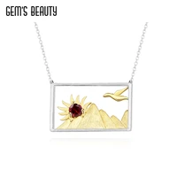 gems beauty 925 sterling silver rectangle pendant necklaces sun mountain bird natural garnet necklaces for women fine jewelry