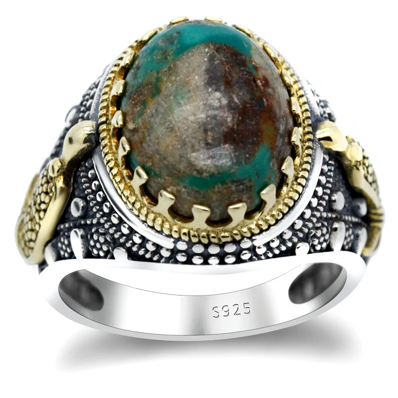 

S925 sterling silver natural turquoise stone men's ring, natural green Turkish gemstone ring for men's jewelry