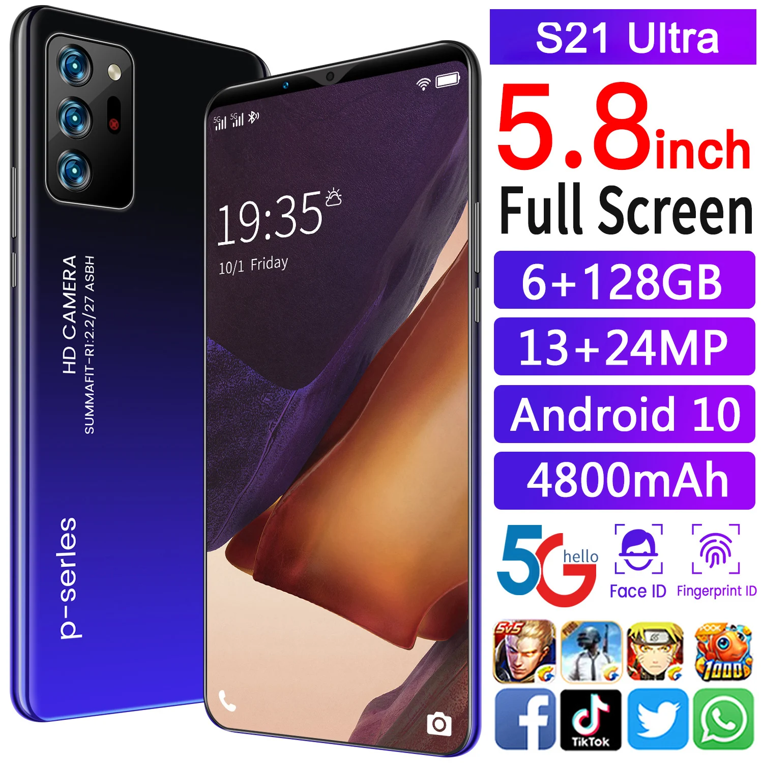 

S21 Ultra 5.8 Inch 6GB RAM 128GB ROM Global Version 13+24MP Andriod 10 Smartphones 10 Core MTK6889 Dual SIM 4G LTE 5G Cell Phone