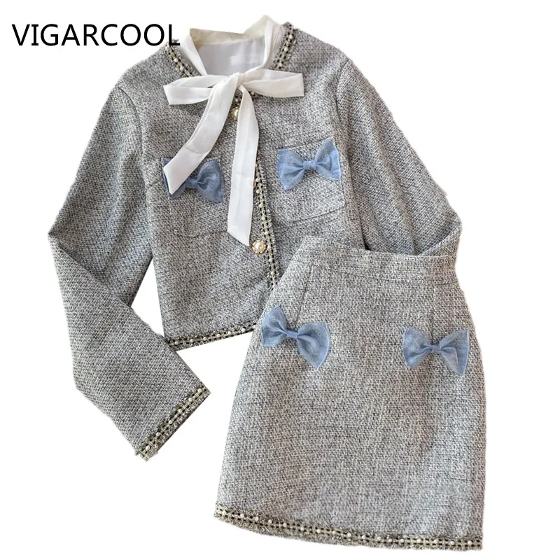 

High-quality ladies-style temperament Suit bow tie shirt French tweed Jacket high waist bag hip skirt three-piece Suit Female