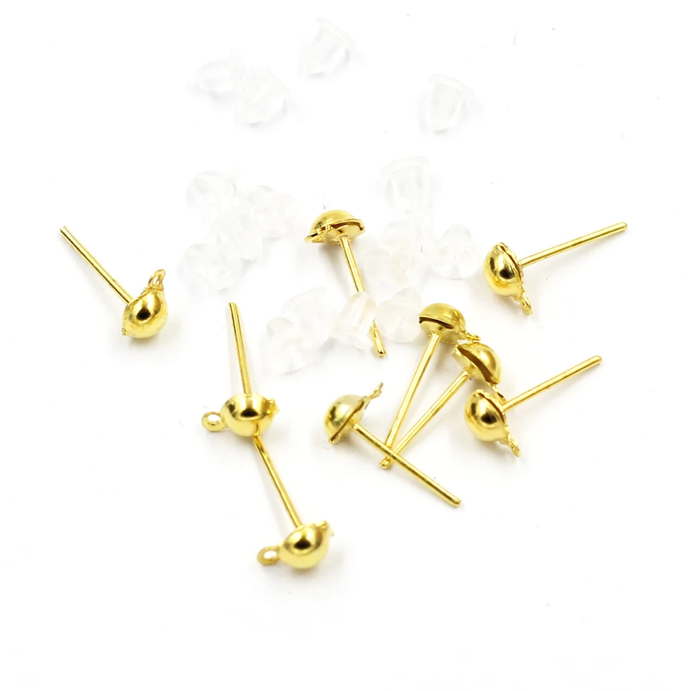 

100Pcs Earring Posts With Loop Rubber Stoppers Gold Plated Alloy Jewelry DIY Findings 12x4mm