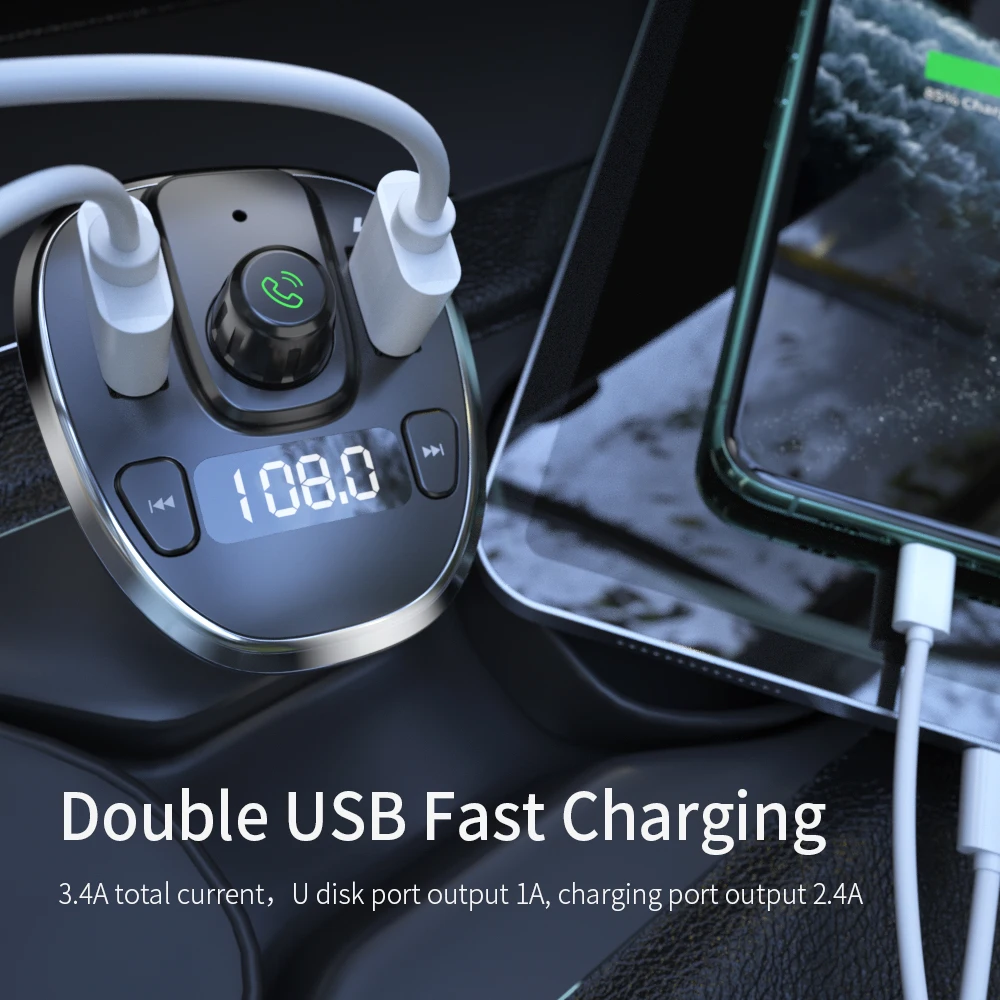 essager usb car charger bluetooth 5 0 car kit handsfree fm transmitter mp3 u disk tf card player mobile phone charger for auto free global shipping