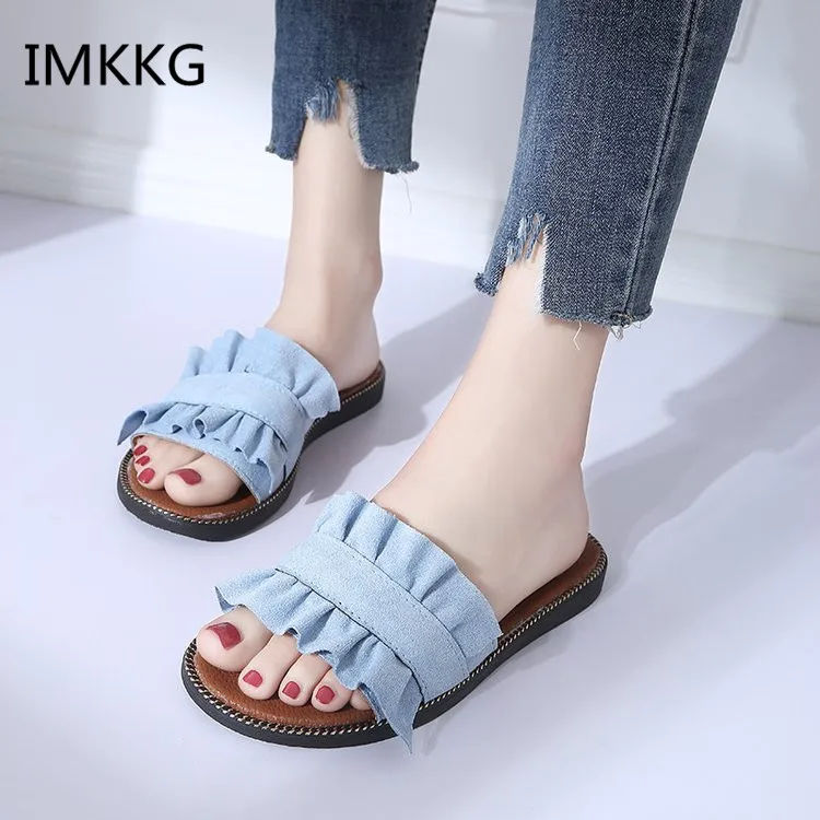 Женские пляжные шлепанцы удобные сланцы летняя Стильная джинсовая обувь милые