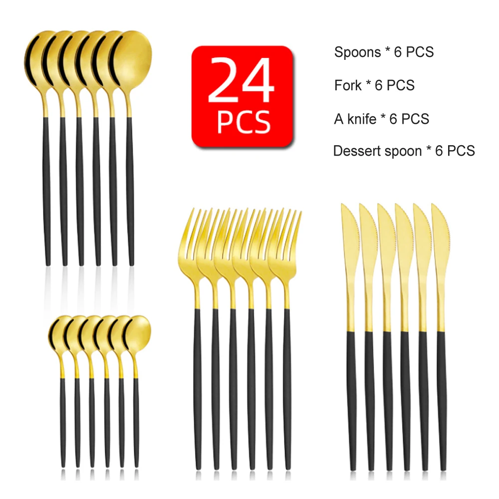 

24pcs Gold Dinnerware Set Stainless Steel Mirror Tableware Set Flatware Knife Fork Spoon Dishwasher Set Teaspoon For Home