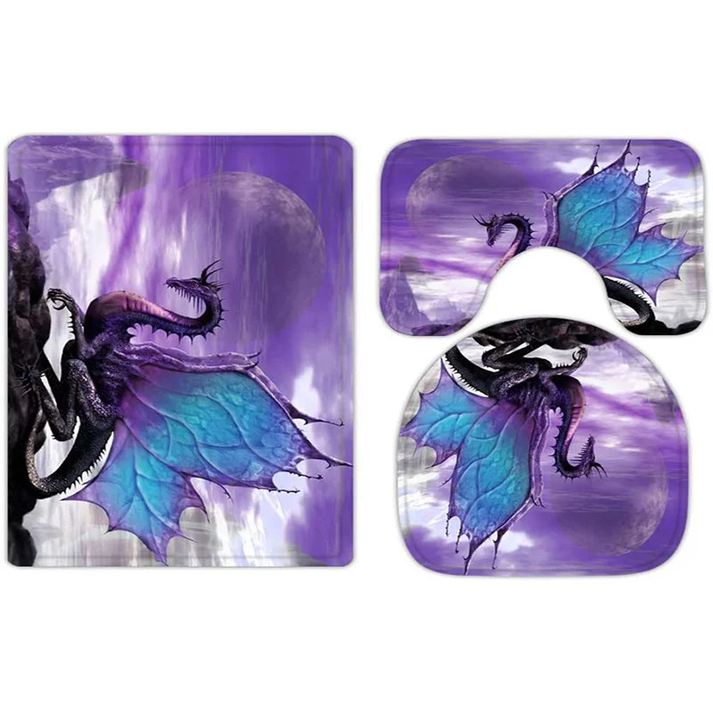 

Purple Magic Dragon 3-piece bathroom carpet, U-shaped cushion, non-slip goose down toilet seat, washable